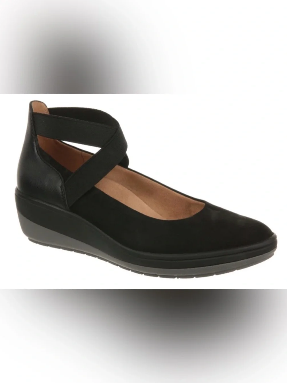 VIONIC 11 Ellery Ankle Strap Up Black Nubuck Leather Wedge